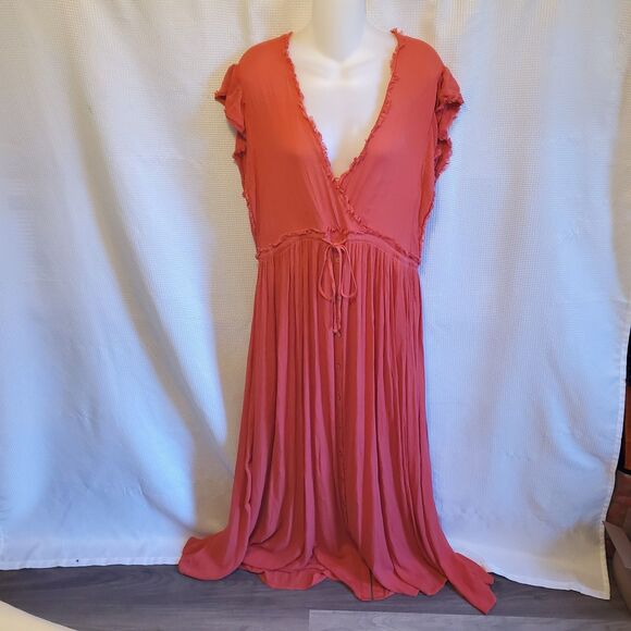 Easel Sz Large Red Orange Gauzy Boho Maxi Dress Button Front - Picture 1 of 10